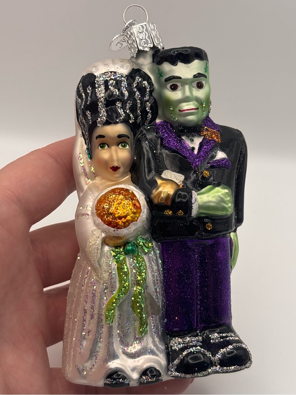 Old World Christmas, Frankenstein and Bride, Halloween Glass Tree Ornament
